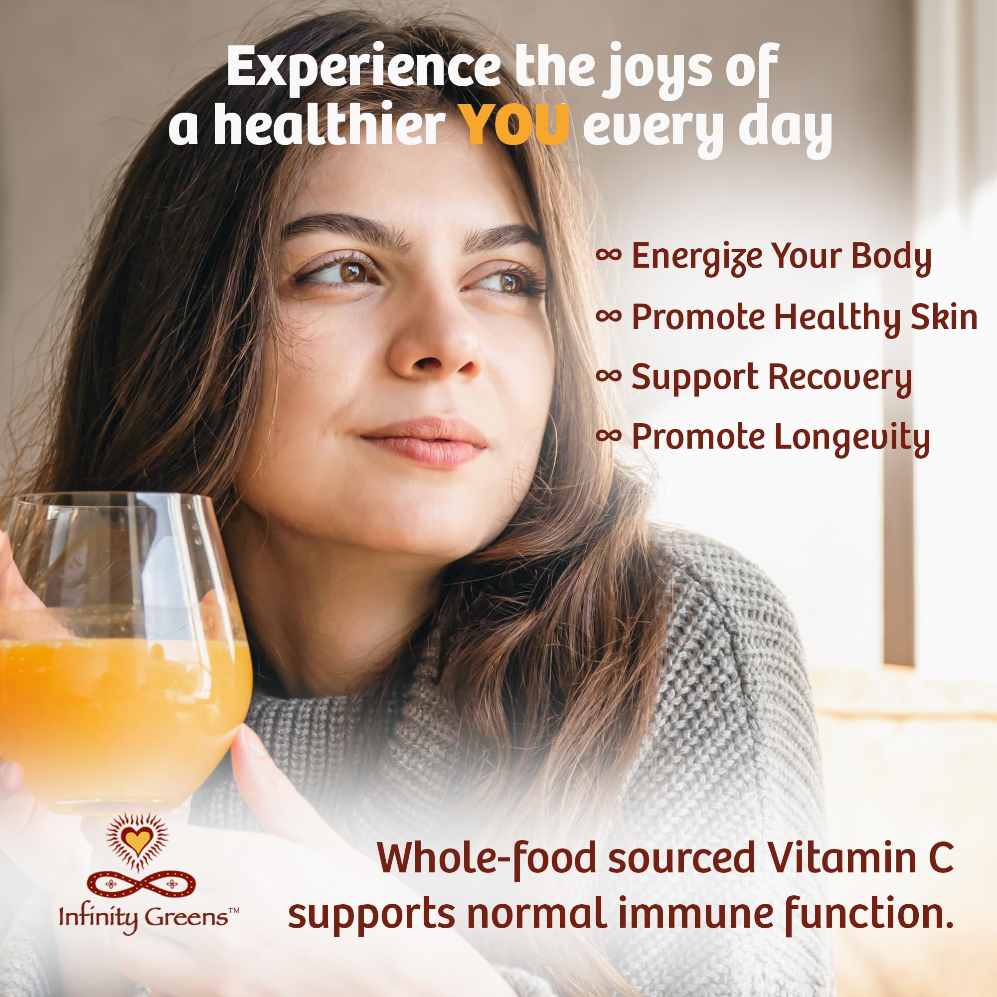 Infinity Greens Infinity-C scoop; quick, accurate measurement for a whole-food vitamin C boost.