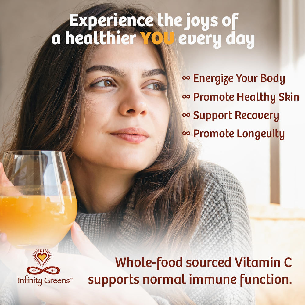Infinity Greens Infinity-C scoop; quick, accurate measurement for a whole-food vitamin C boost.