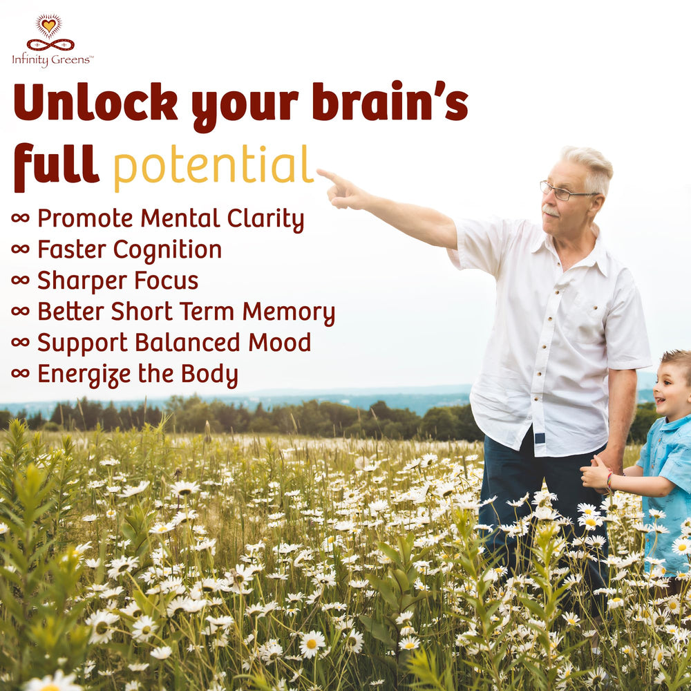 Infinity Greens memory focus amber glass jar highlights premium packaging preserving nutrients.