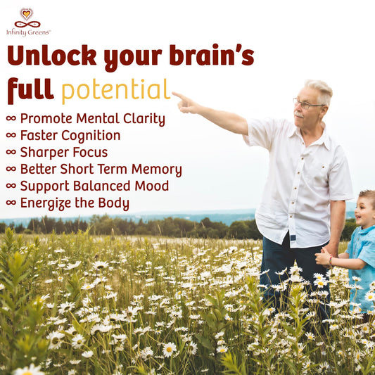 Infinity Greens memory focus amber glass jar highlights premium packaging preserving nutrients.