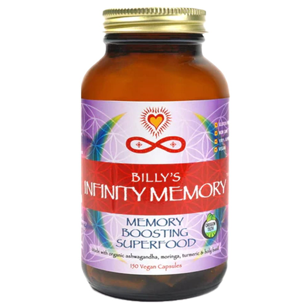 Infinity Greens Memory Focus bottle angled view for daily brain support and clarity.