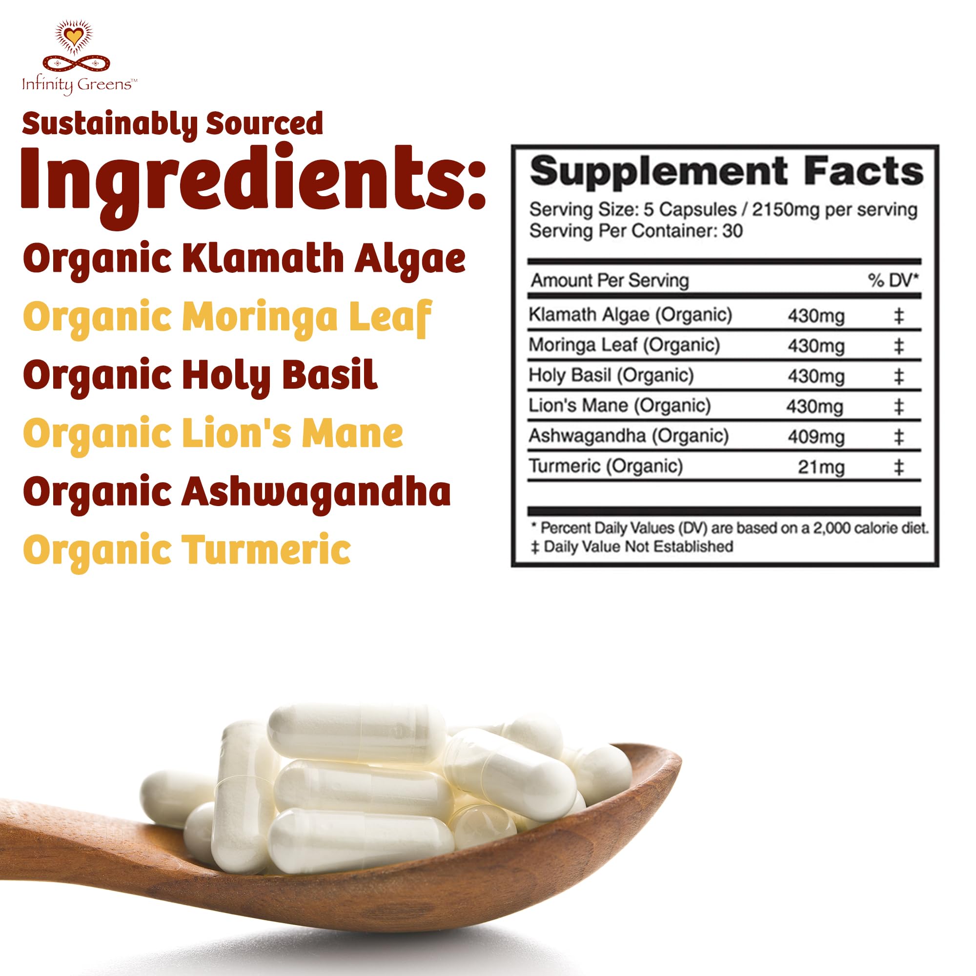 Infinity Greens memory focus bottle pour demonstrates easy dosage for consistent routine.