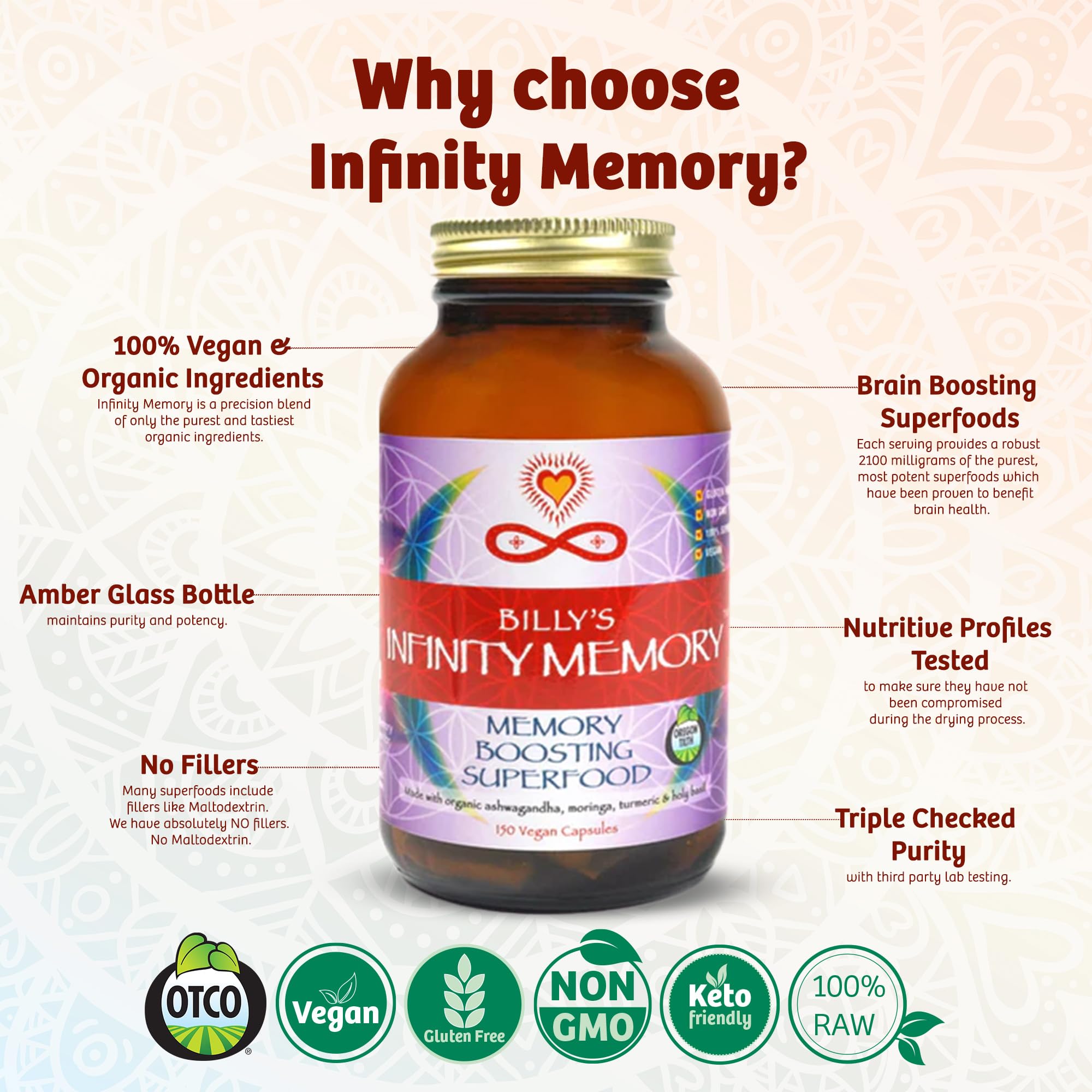 Infinity Greens memory focus ingredients spoon reveals blend of lions mane and more.