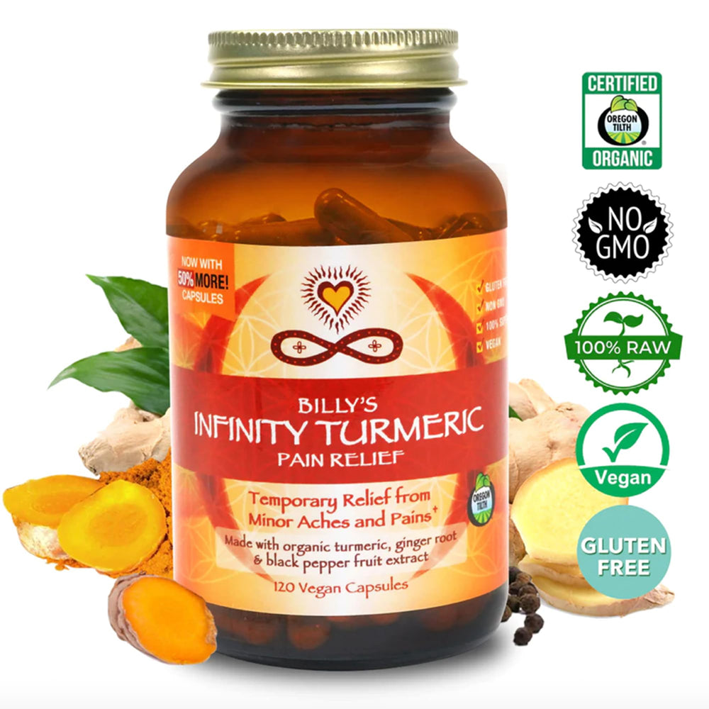 Infinity Greens turmeric capsules pouring from bottle.