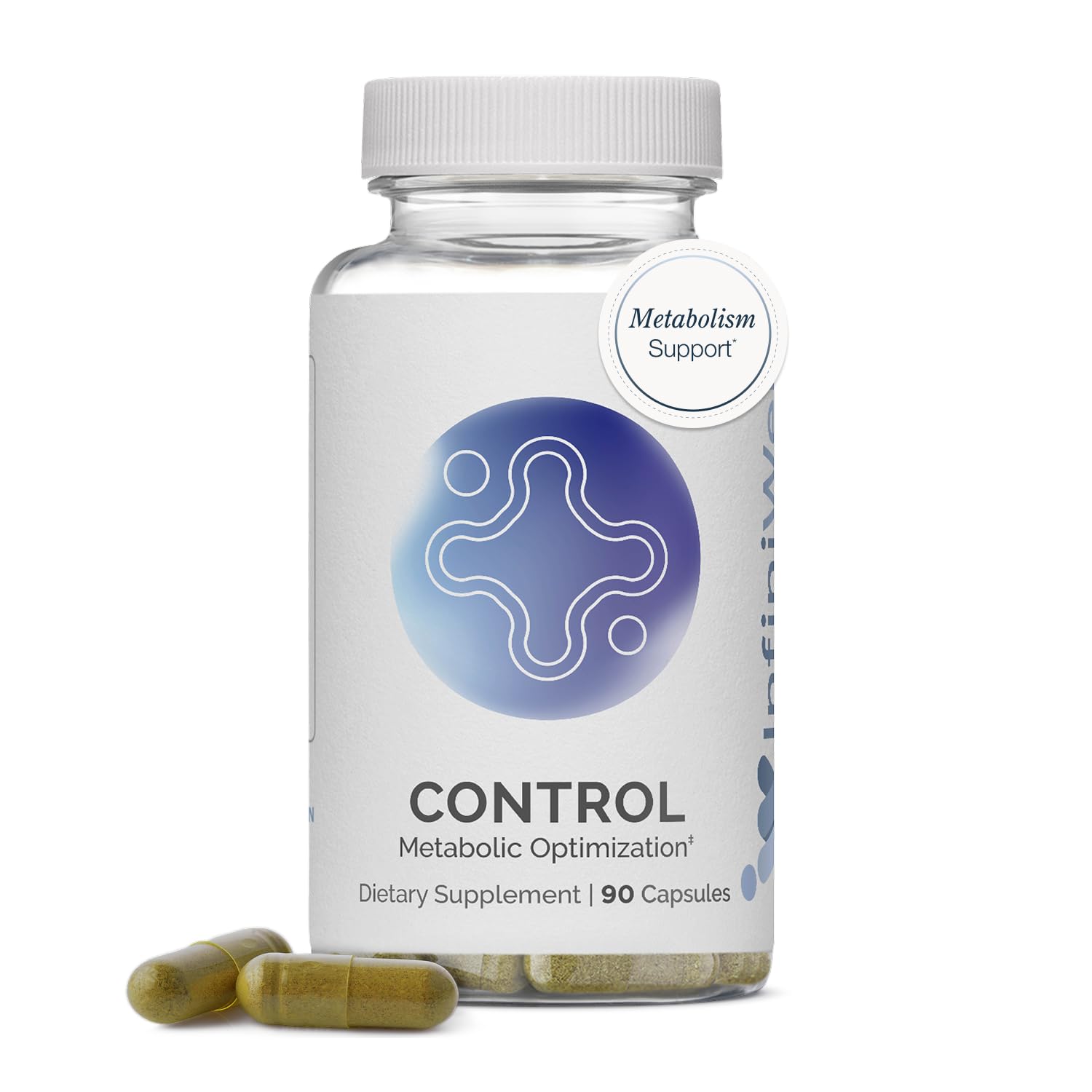 InfiniWell Control capsules in bottle support energy metabolism and daily wellness.