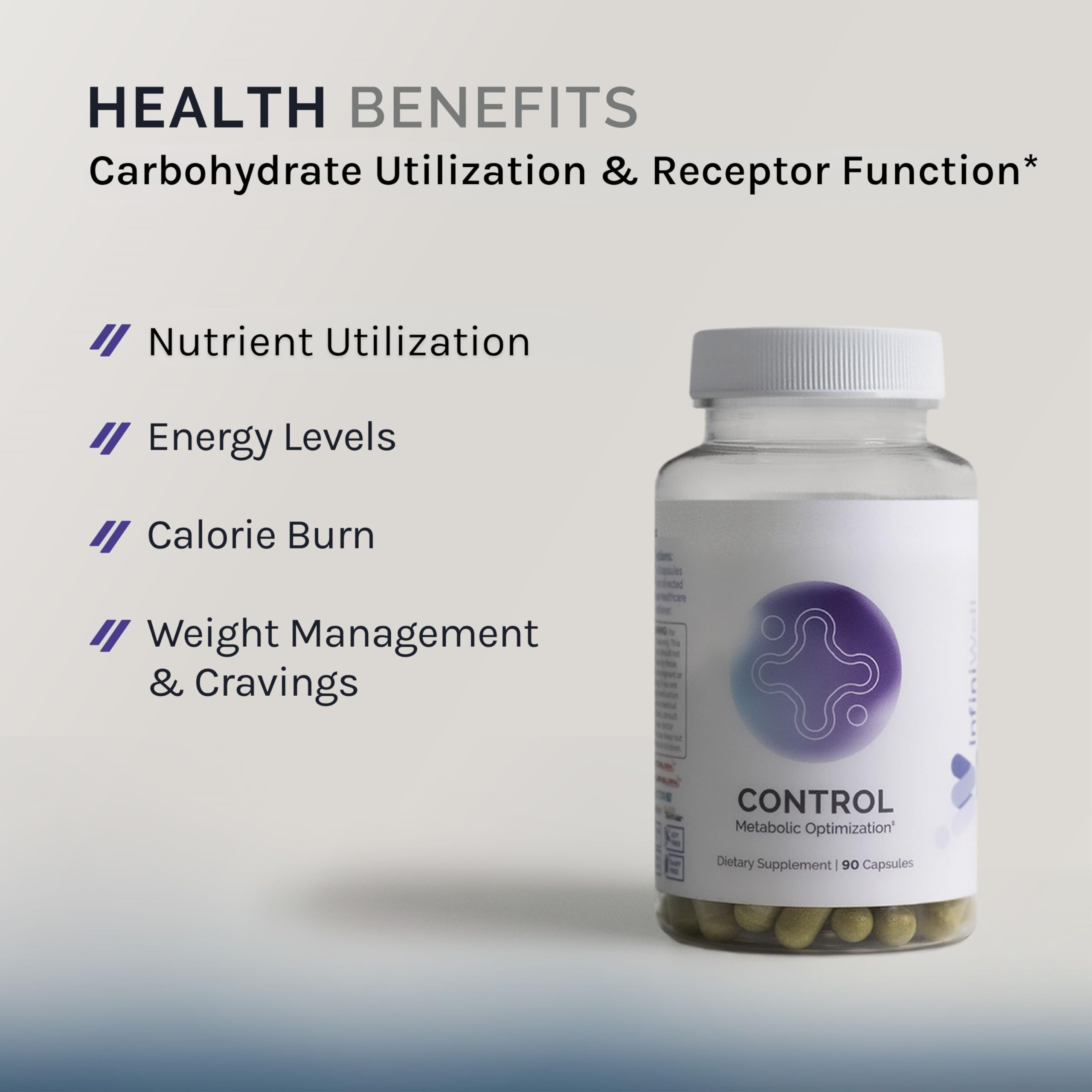 InfiniWell Control bottle close-up highlights capsules and branding.