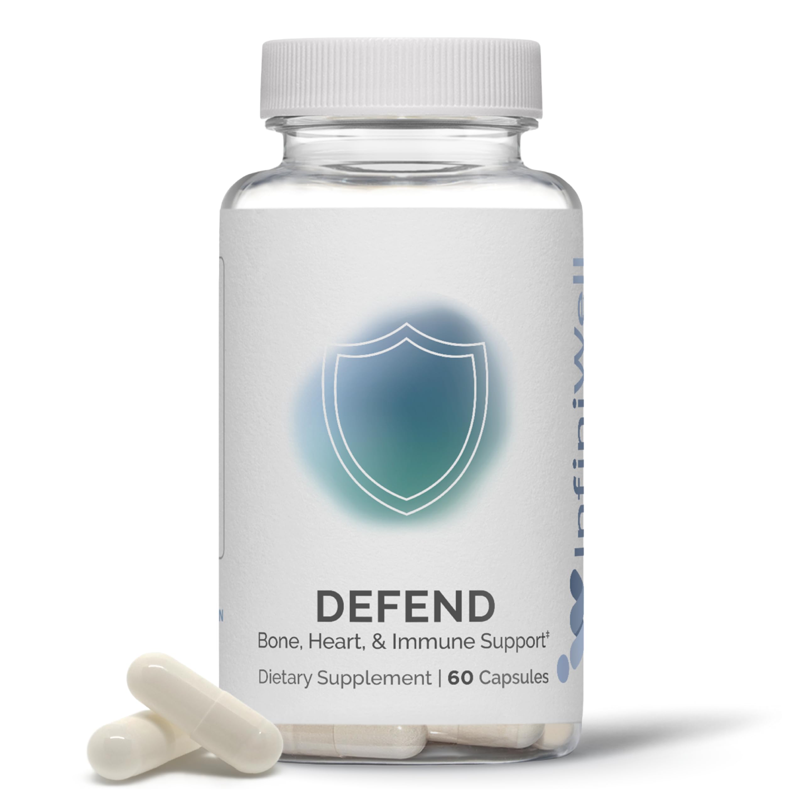 InfiniWell Defend bottle label highlights vitamins A, D3, and K2 for bone support.