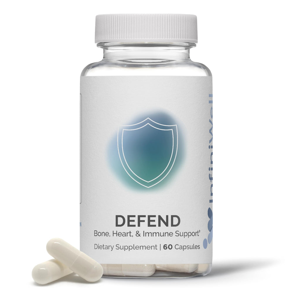 InfiniWell Defend bottle label highlights vitamins A, D3, and K2 for bone support.
