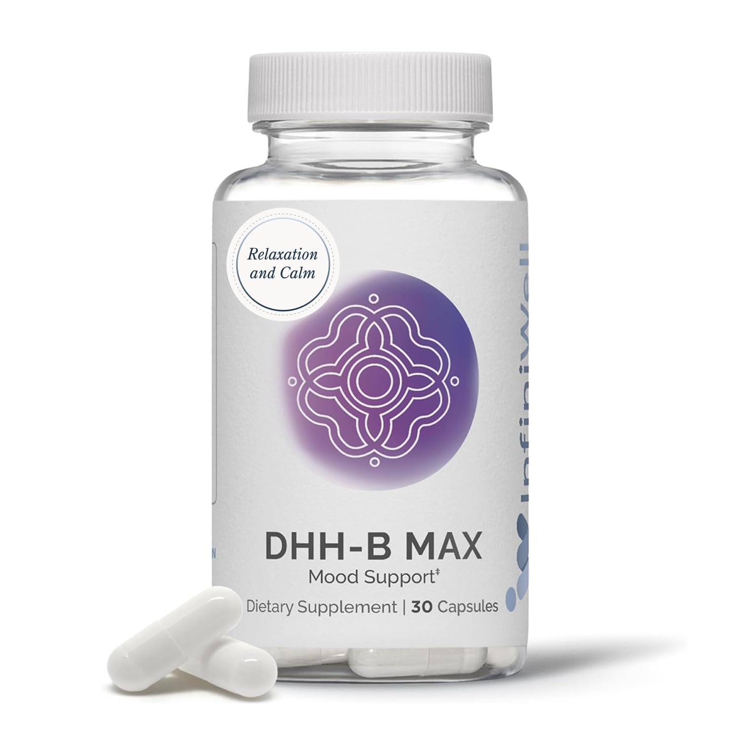 InfiniWell DHH-B Max bottle front promoting daily calm and relaxed focus.