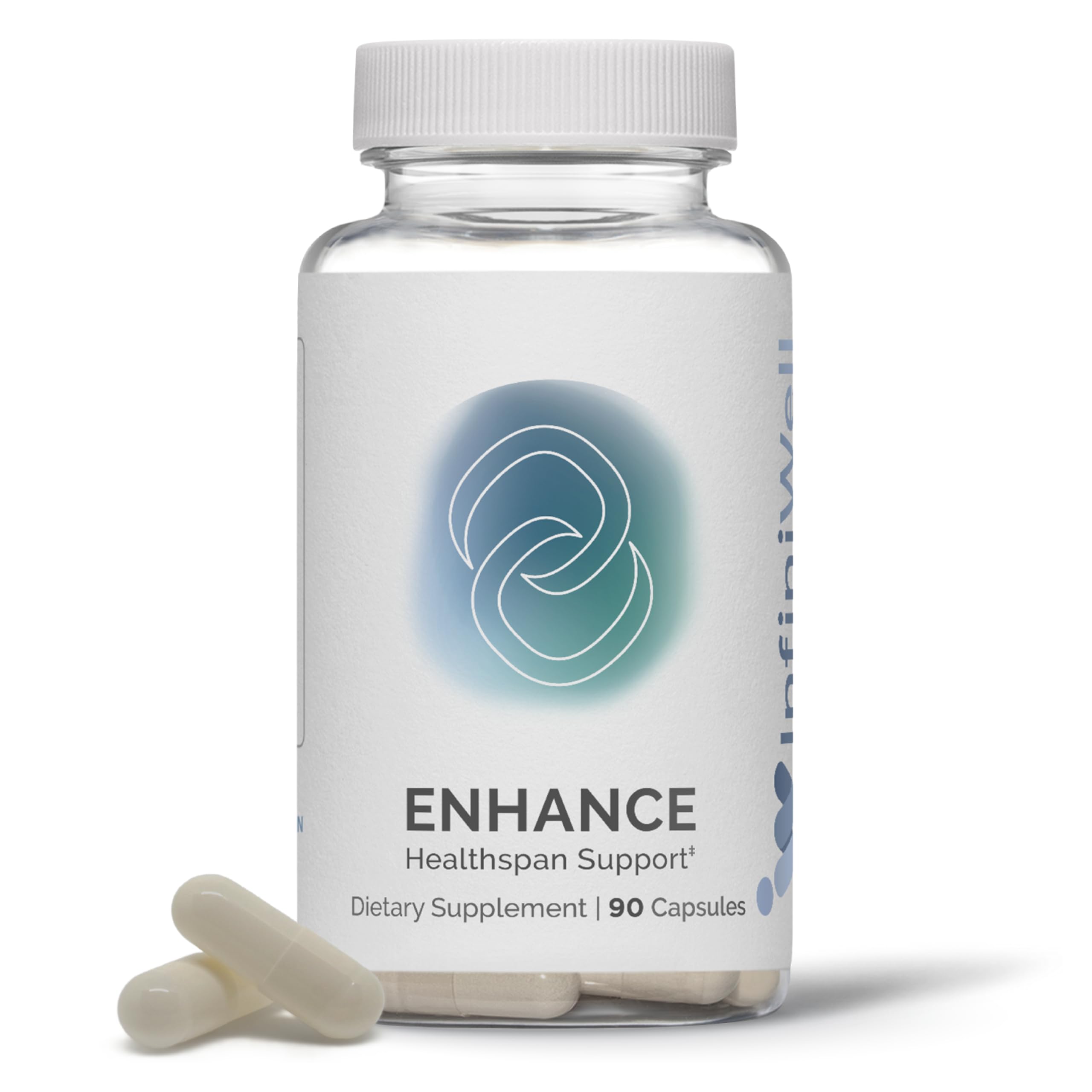 InfiniWell Enhance bottle front, premium longevity formula with cellular renewal potential.