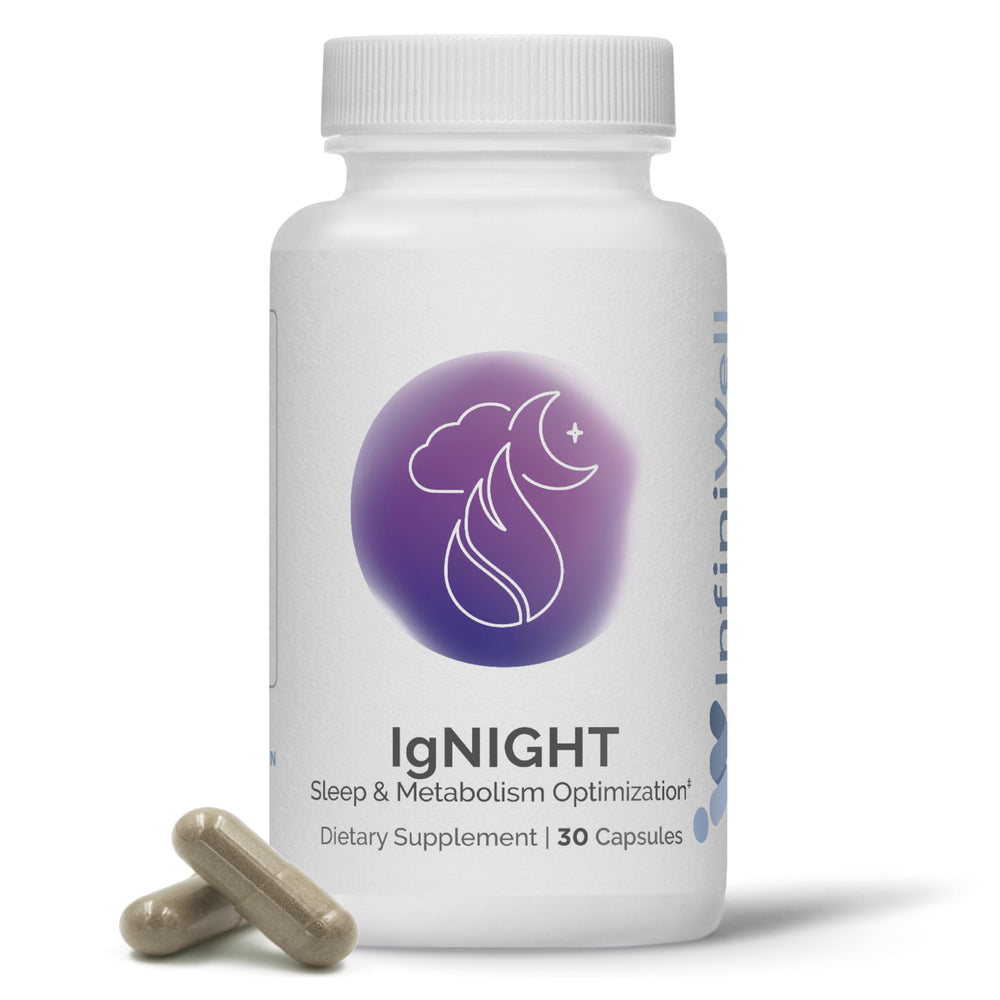 InfiniWell IgNIGHT bottle front for restful sleep support during nightly routines.