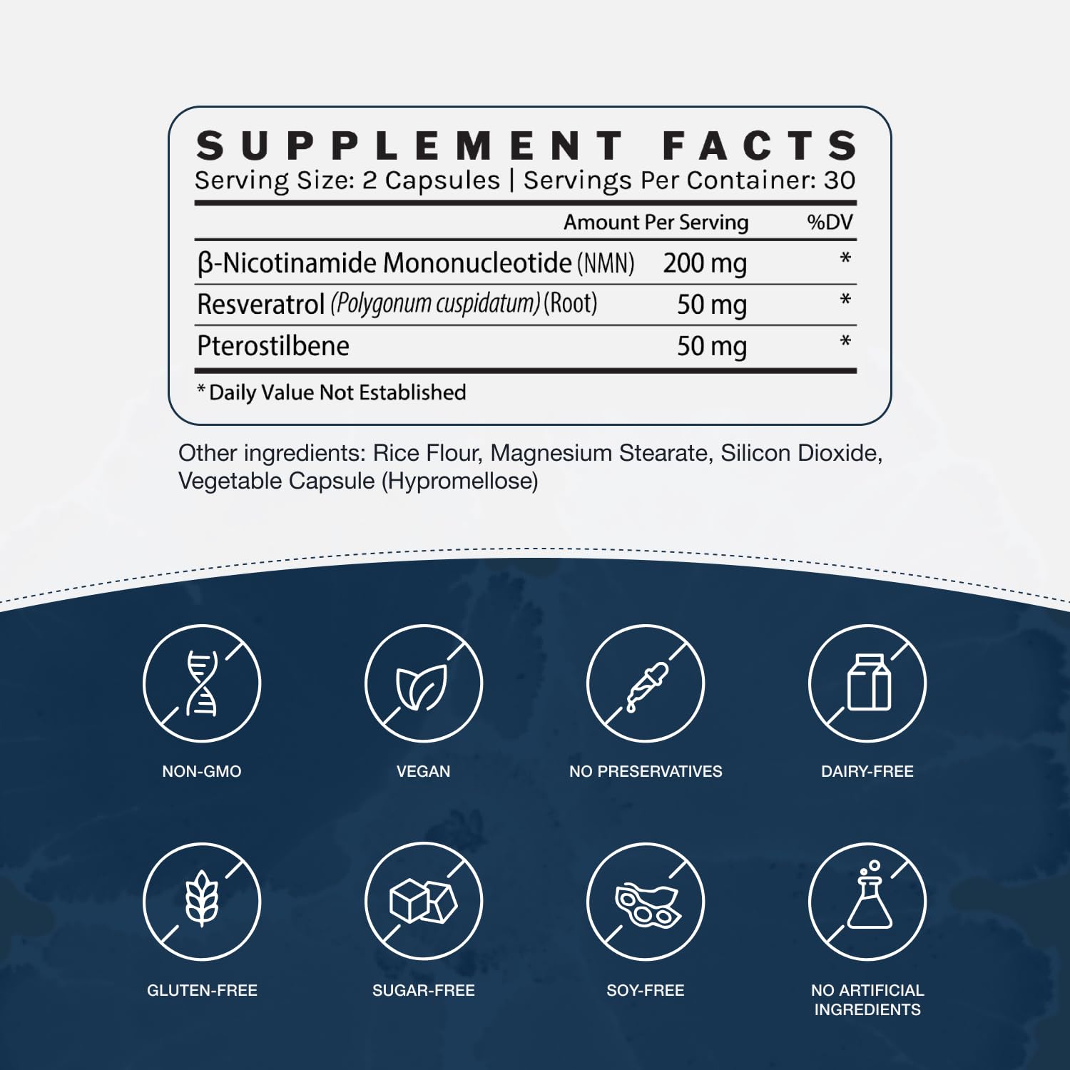 InfiniWell resveratrol-pterostilbene blend bottle highlights longevity support.