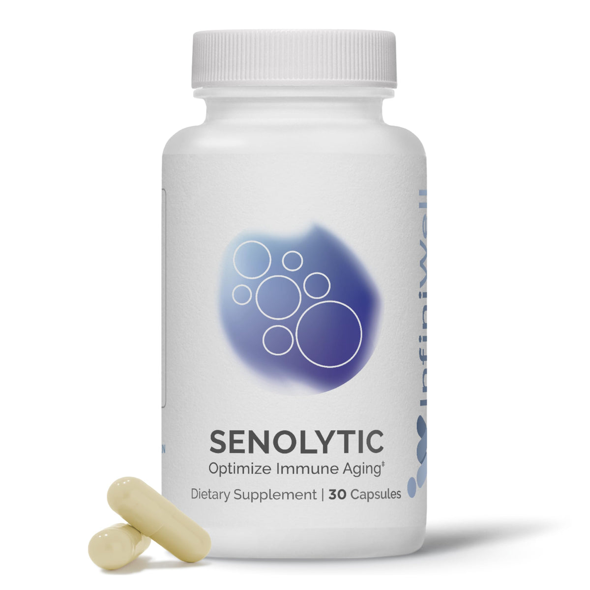 InfiniWell Senolytic bottle-front showing packaging for daily use.