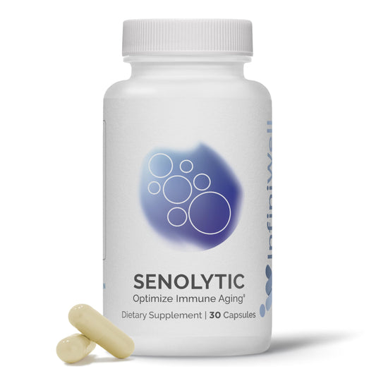 InfiniWell Senolytic bottle-front showing packaging for daily use.