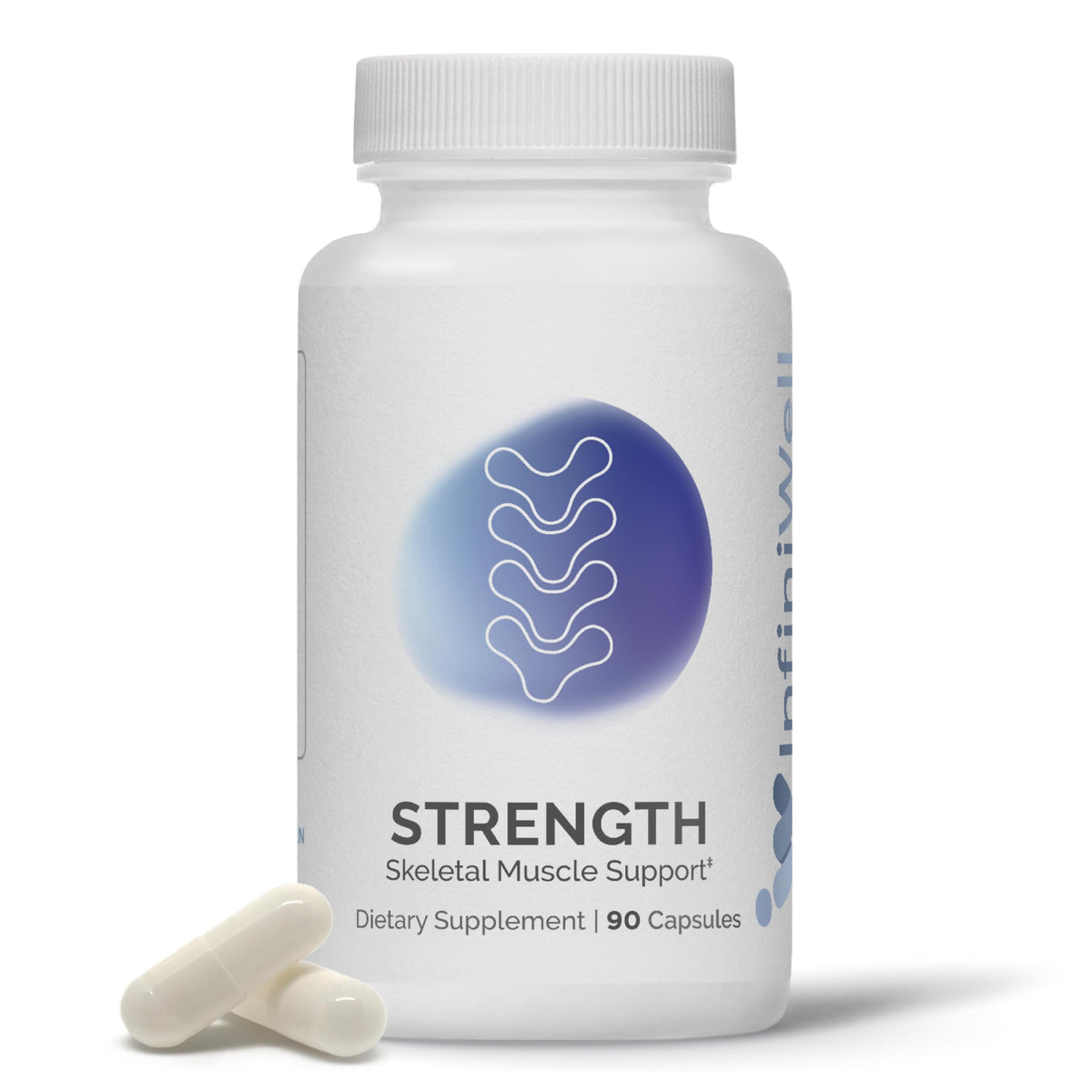 InfiniWell Strength bottle front showing a sleek label for daily muscle support.