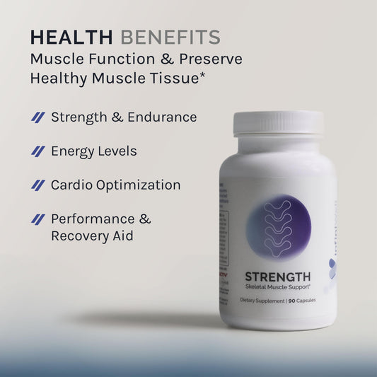 InfiniWell Strength capsules closeup highlighting the HMB formula for endurance-related recovery.