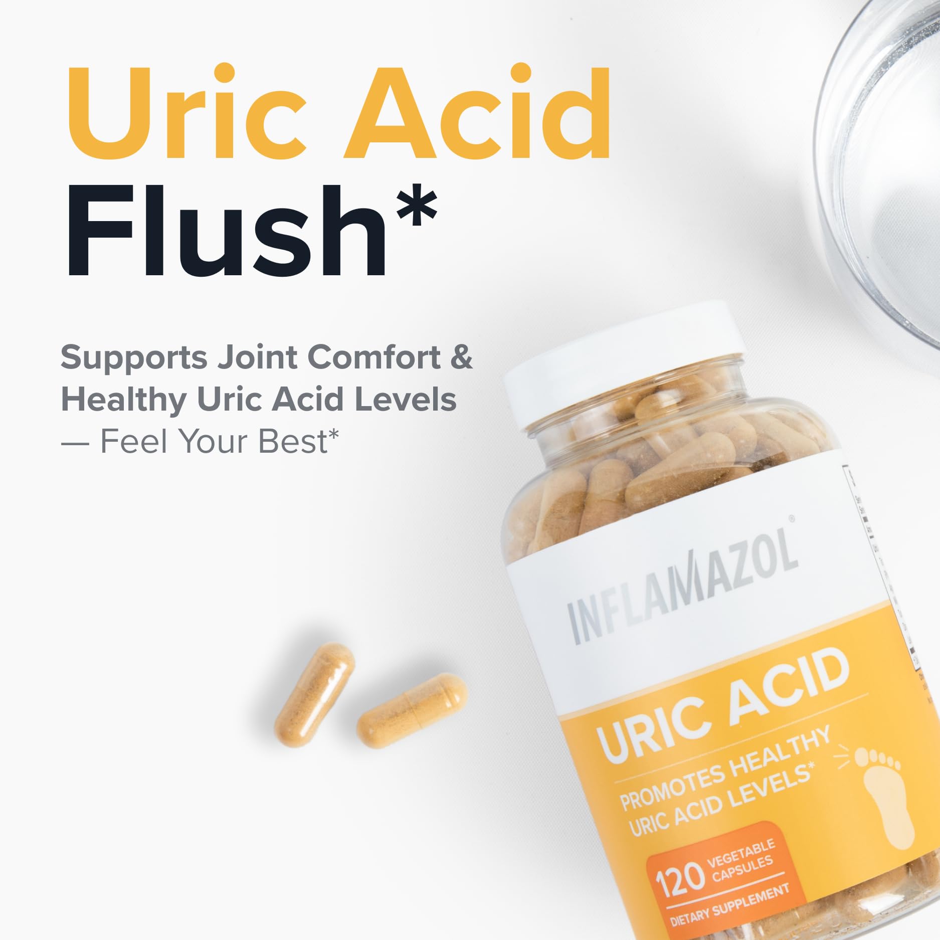 Inflamazol Uric Acid Cleanse capsules closeup of the 11-ingredient formula