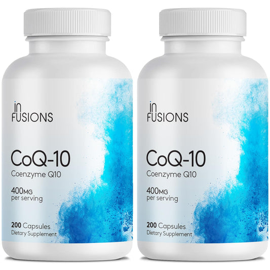 Infusions Pure CoQ10 bottle front shows 400 mg strength for daily vitality