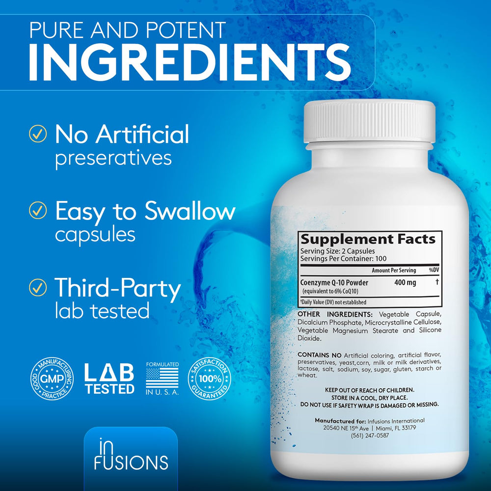 Gluten-free and non-GMO seals on Infusions Pure CoQ10 packaging