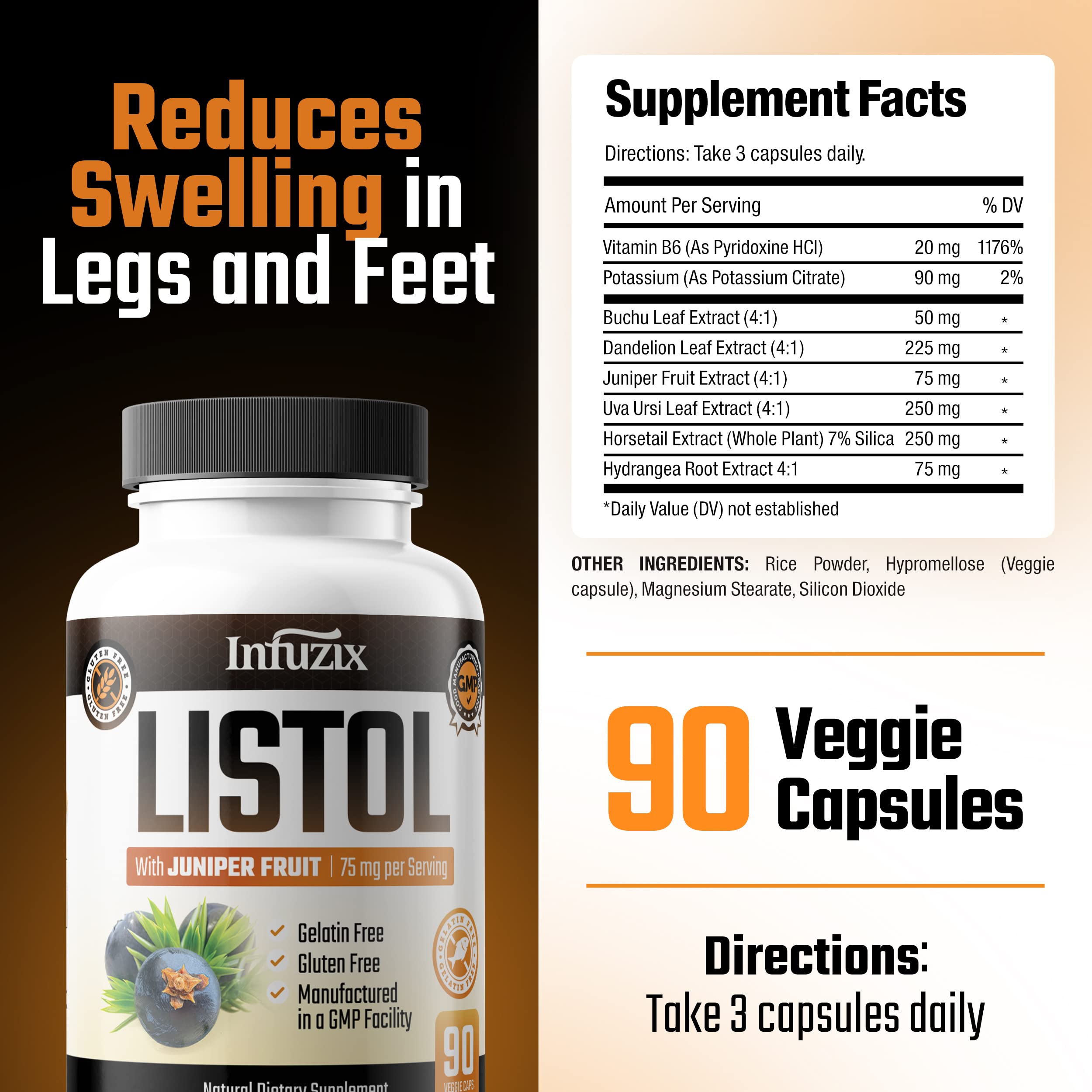 Infuzix Listol capsules closeup, shows herbal diuretic formula.
