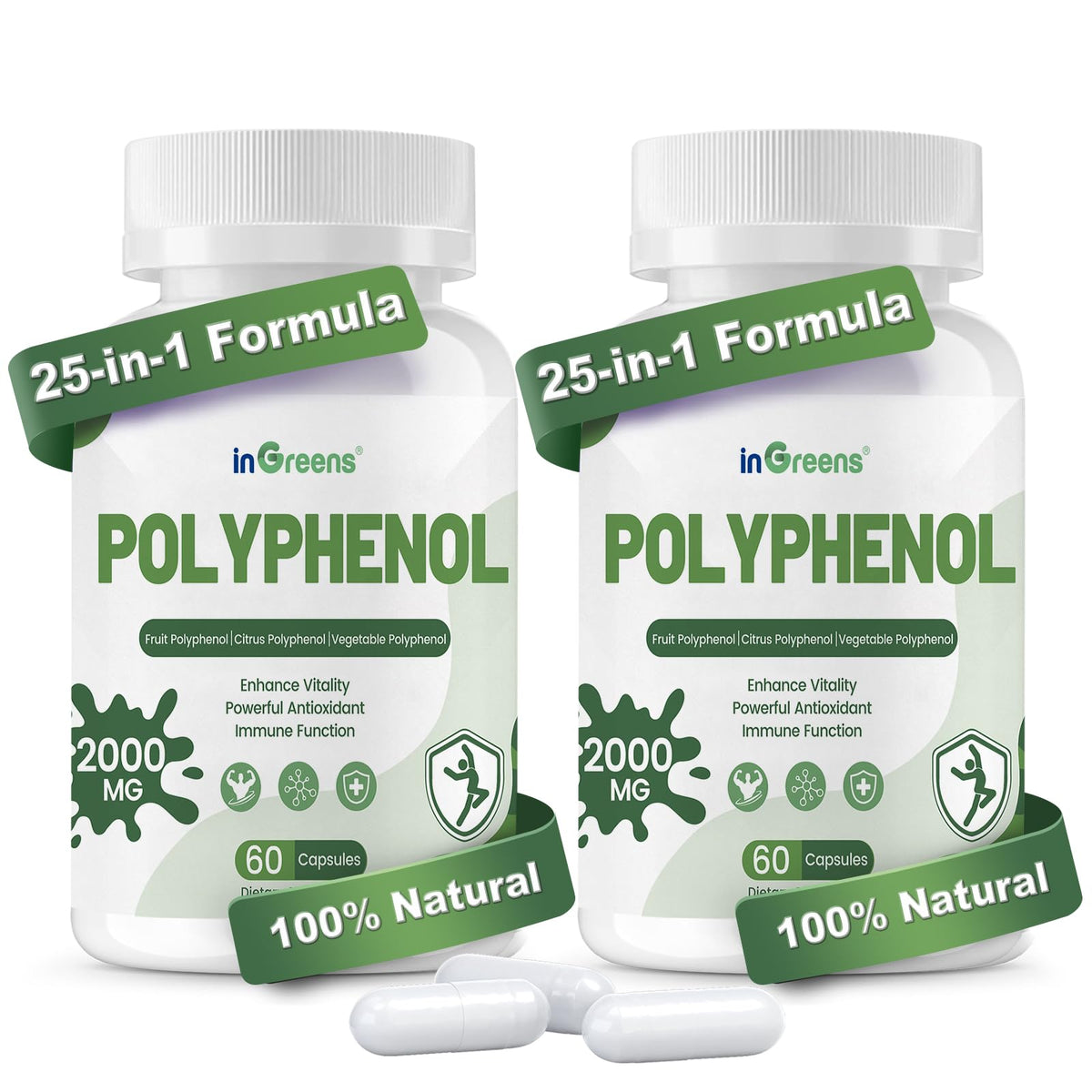 inGreens 25-in-1 polyphenols bottle label highlighting organic vegan formula for daily antioxidant support