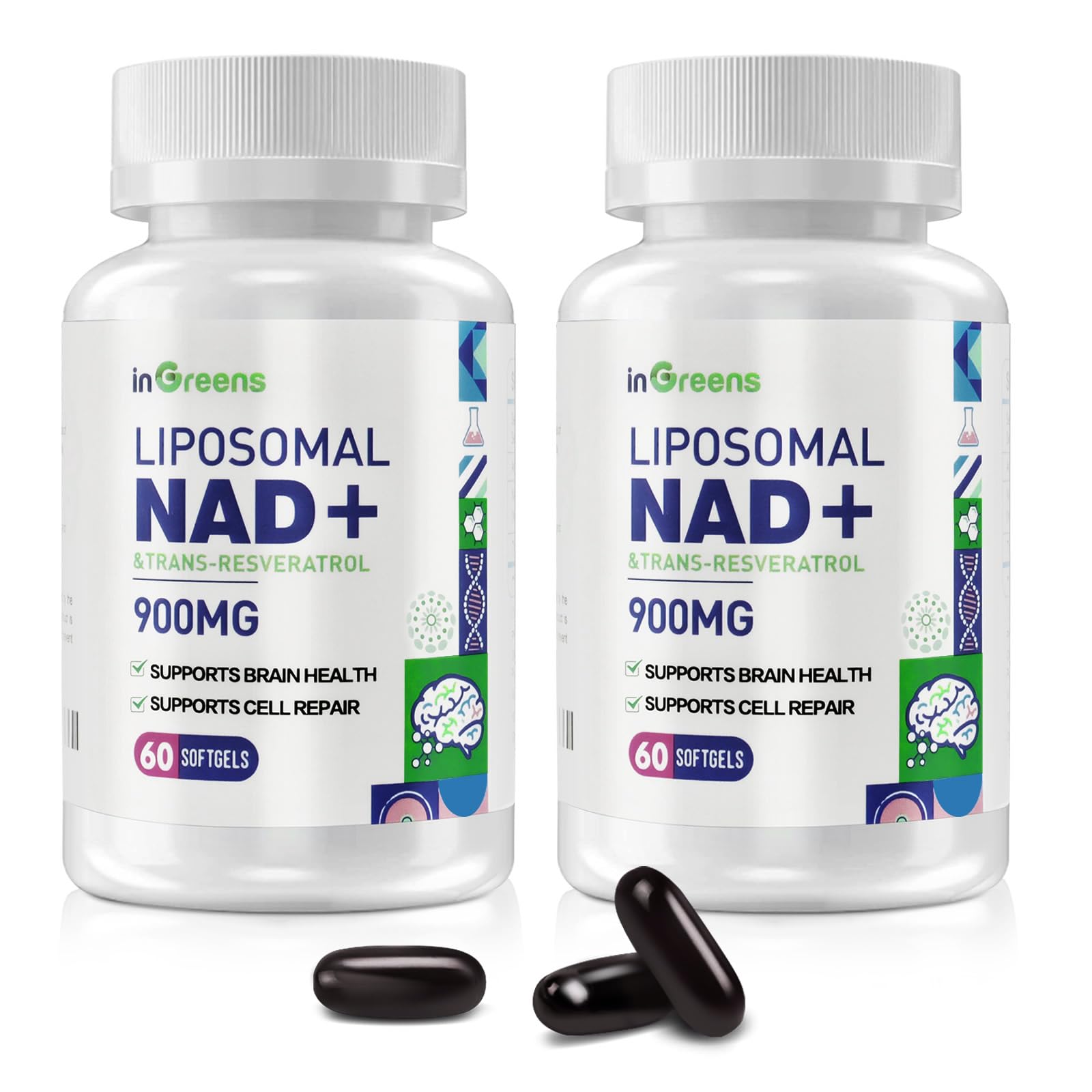 inGreens bottle front label shows liposomal NAD+ softgel formula for daily energy.