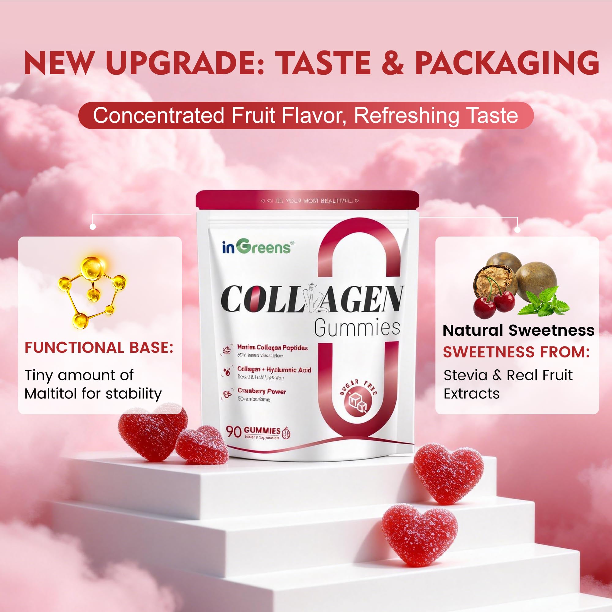Close-up of the inGreens gummies label highlighting marine collagen and sugar-free formulation.
