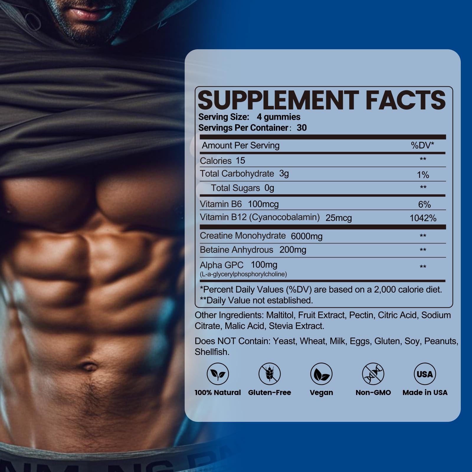 inGreens Creatine Monohydrate Gummies bottle back detailing per-serving information for consistency.