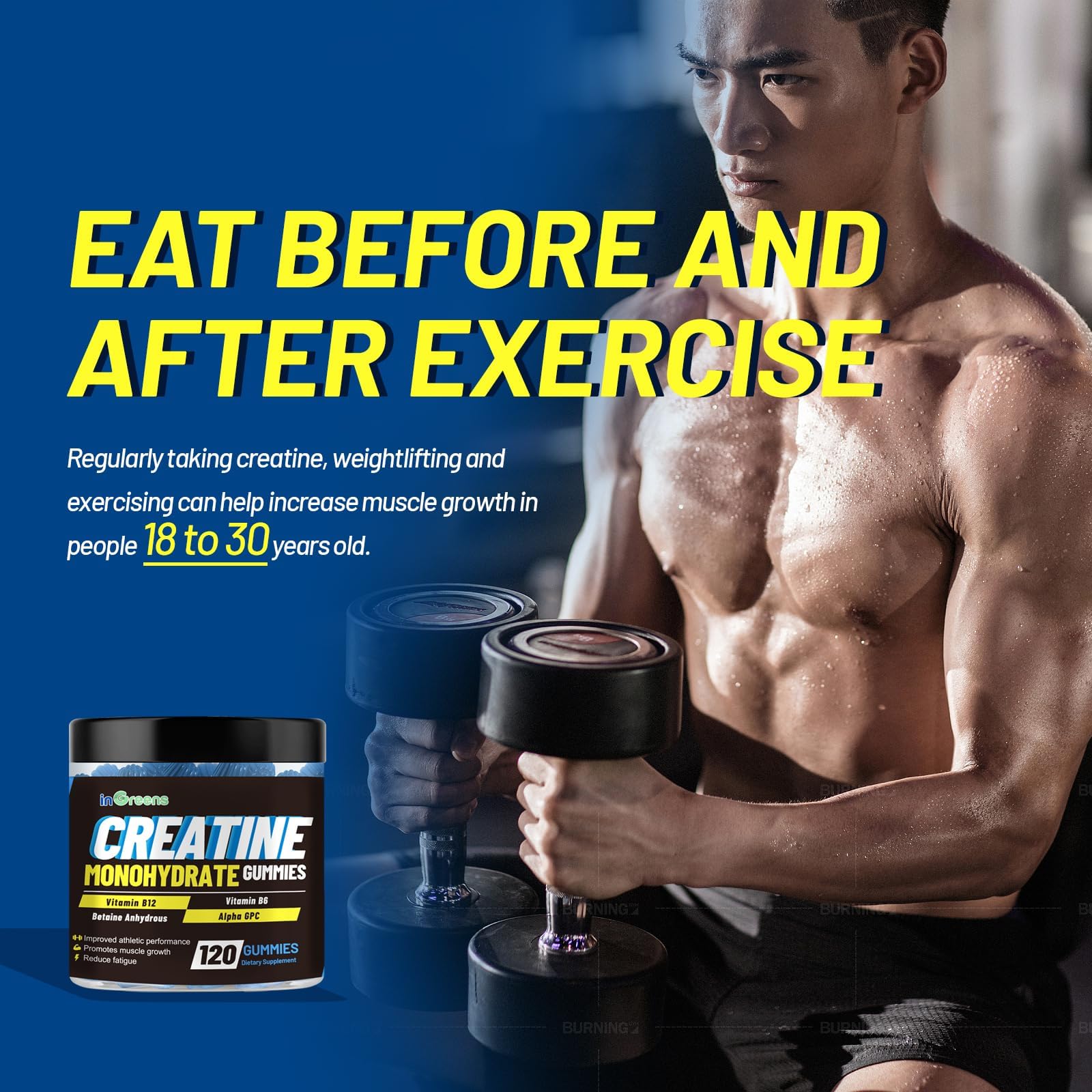 inGreens Creatine Monohydrate Gummies closeup, chewy texture for easy consumption.