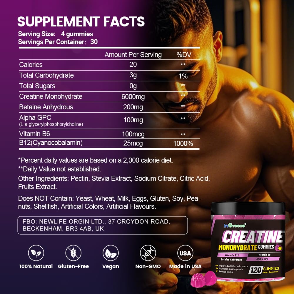 inGreens Creatine Gummies packaging highlighting gluten-free and sugar-free formula.