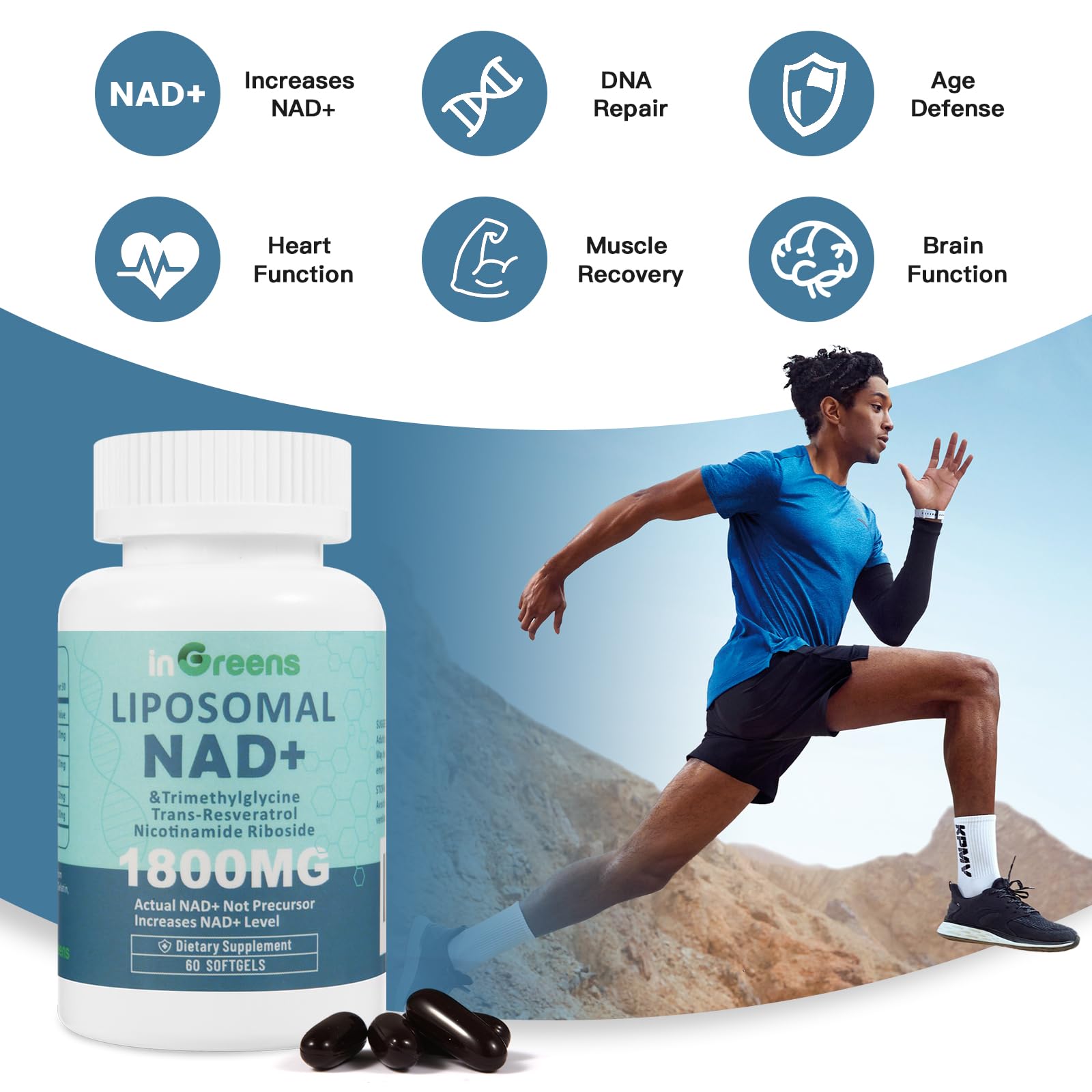inGreens Liposomal NAD+ packaging label communicates USA made quality