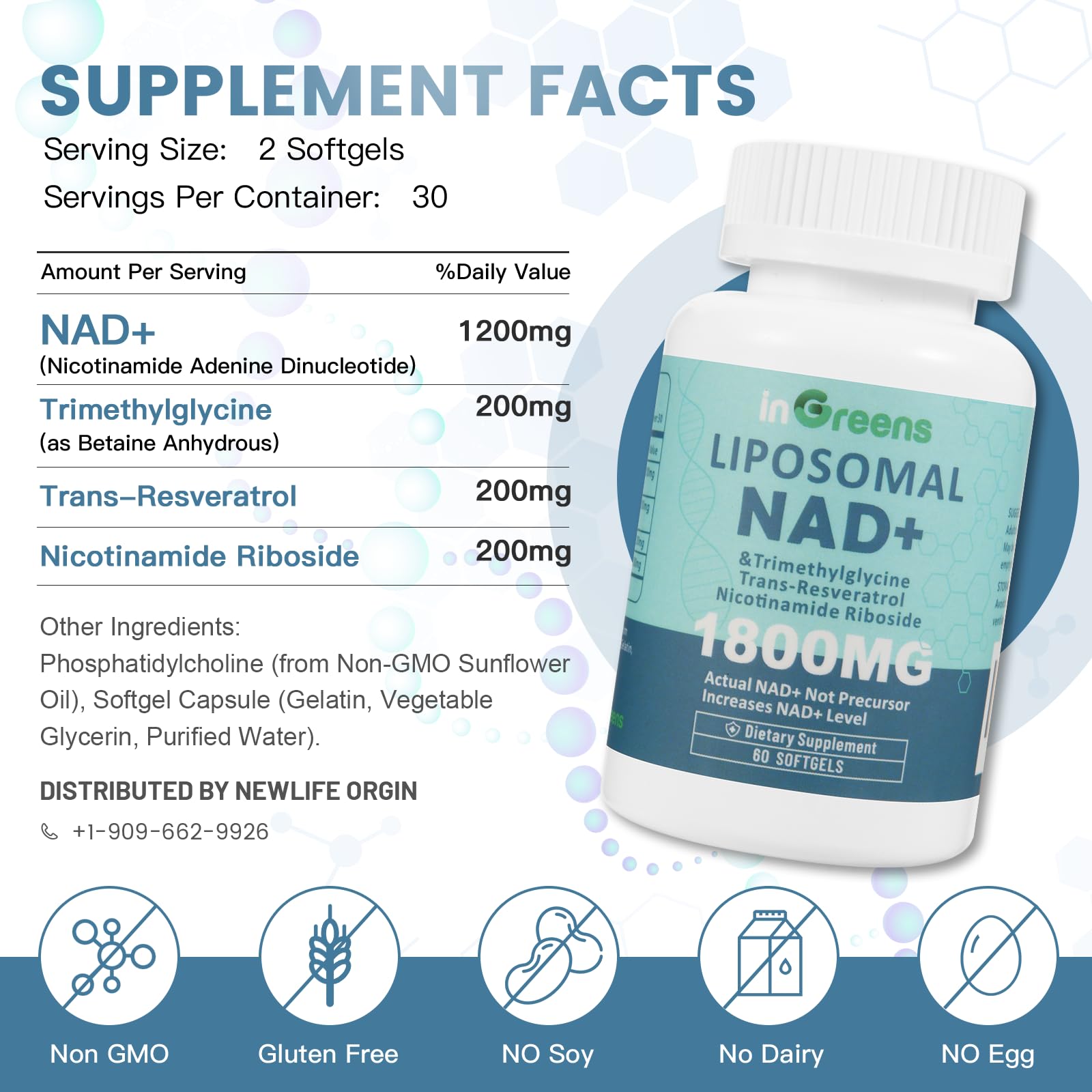 inGreens Liposomal NAD+ softgels closeup showcases the 1800 mg formulation