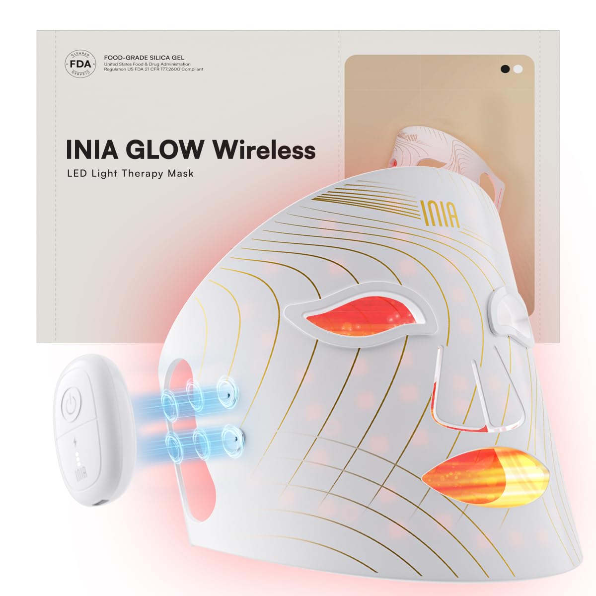 INIA Glow wireless LED mask front view for at-home professional skincare