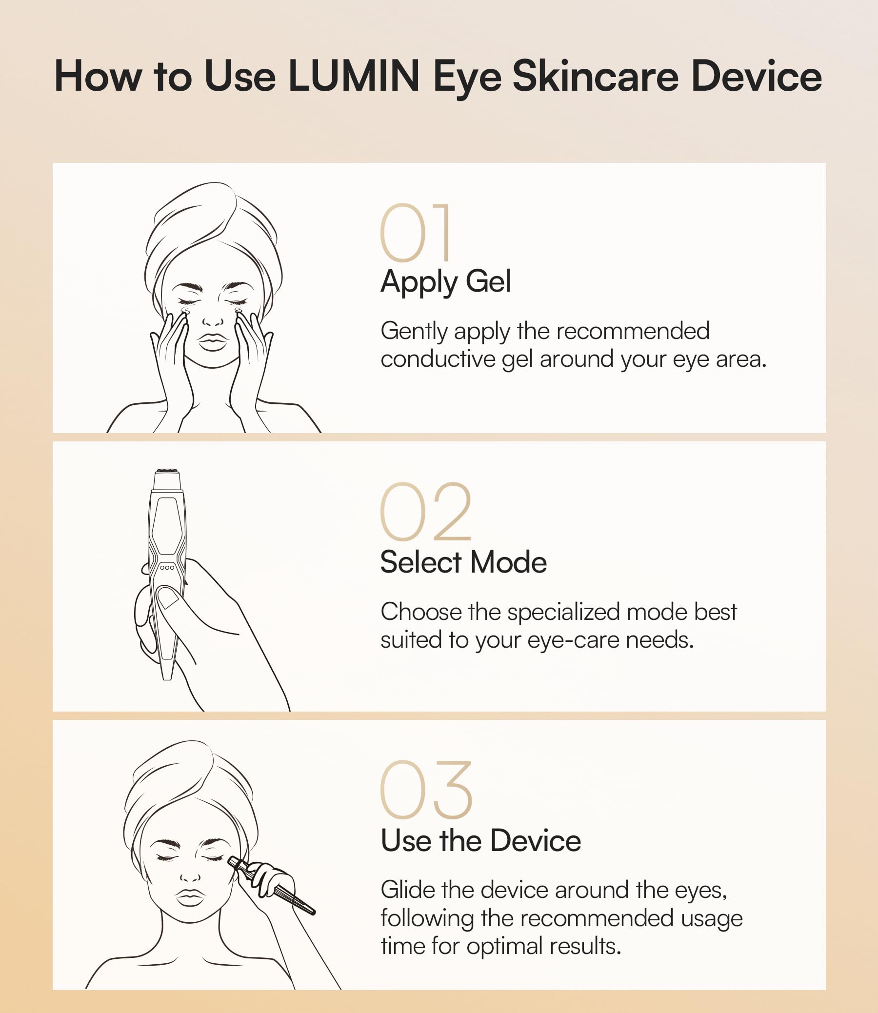 INIA LUMIN device features heat and vibration for gentle eye rejuvenation.