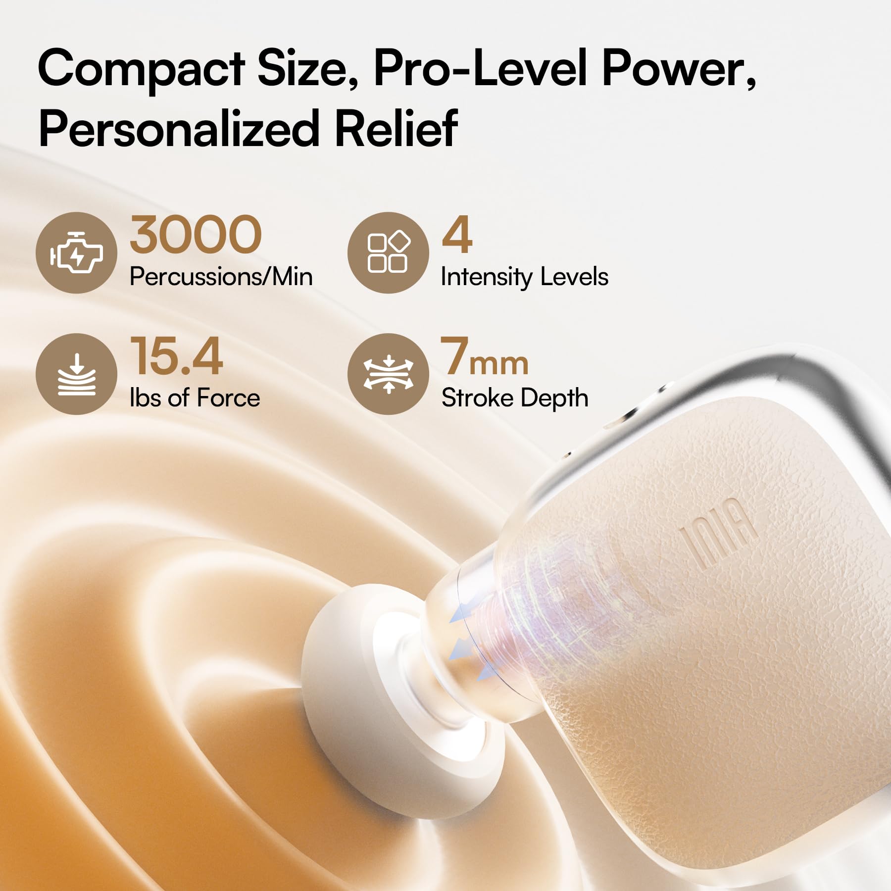INIA PocketForce mini massager heads shown for versatile targeting options.