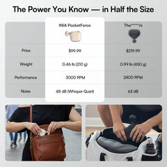 INIA PocketForce mini massager in case, convenient carry-and-go setup.