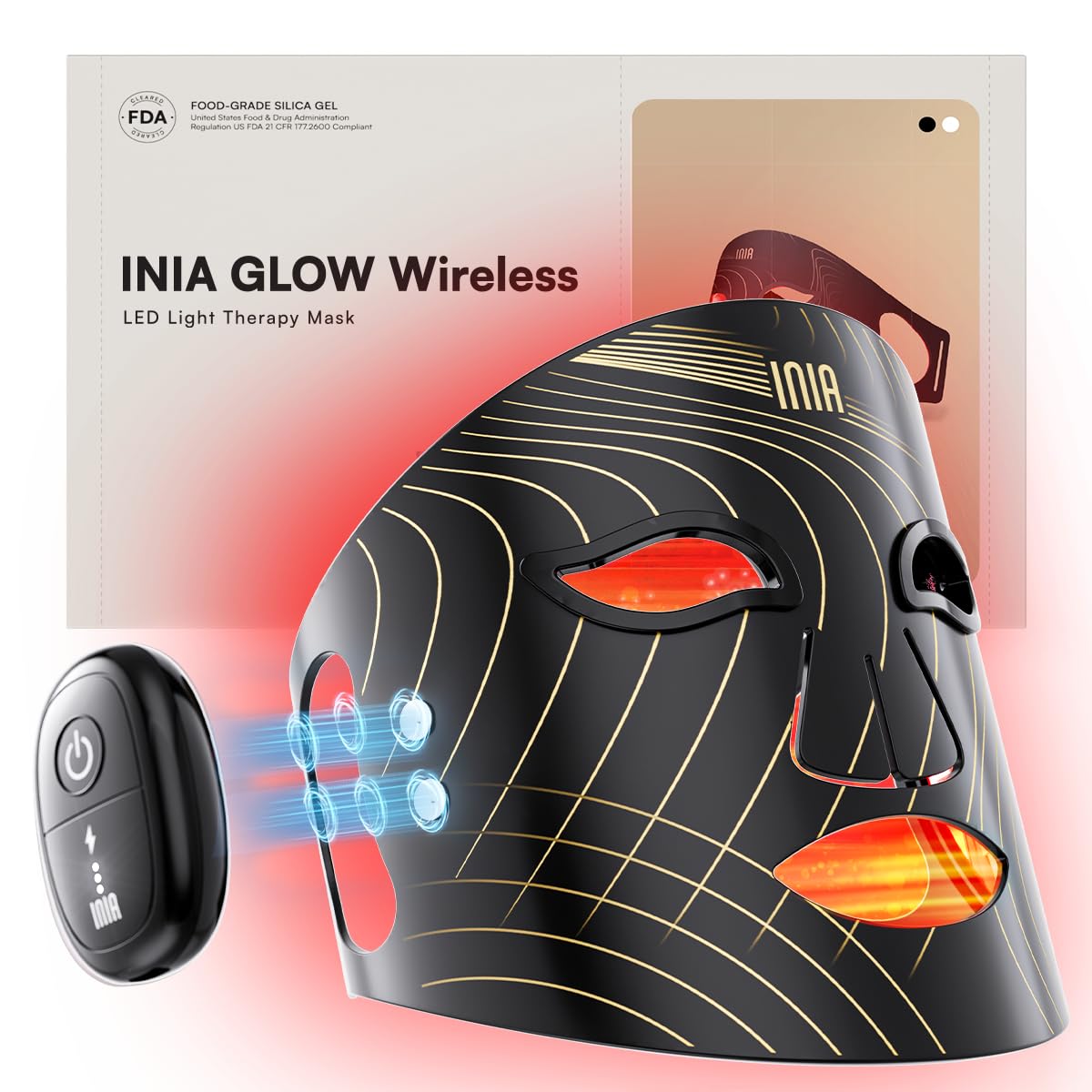 INIA Red Light Therapy Mask face front showing cordless design for travel-friendly skincare