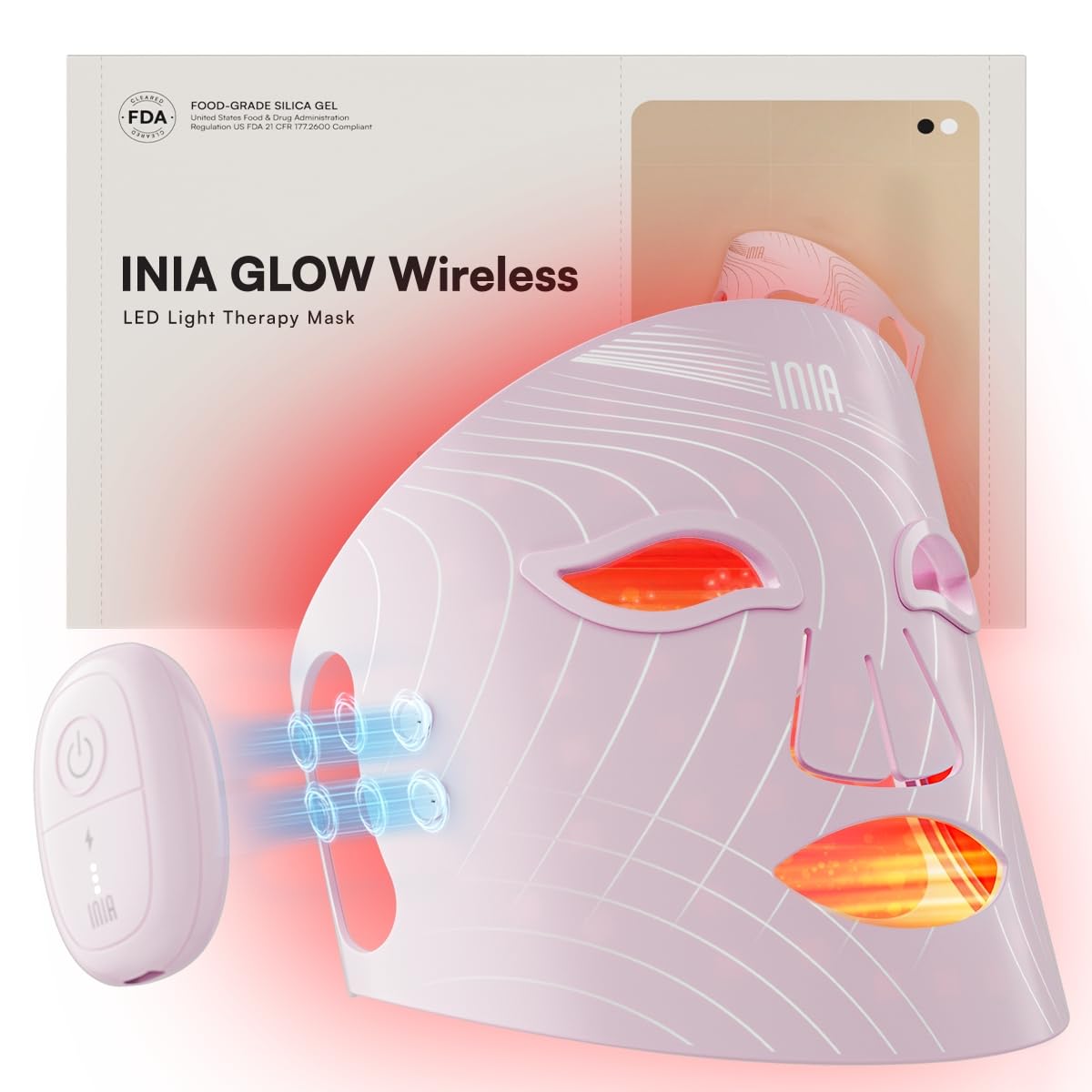 INIA Red Light Therapy Mask front view with wireless design for convenient home use.