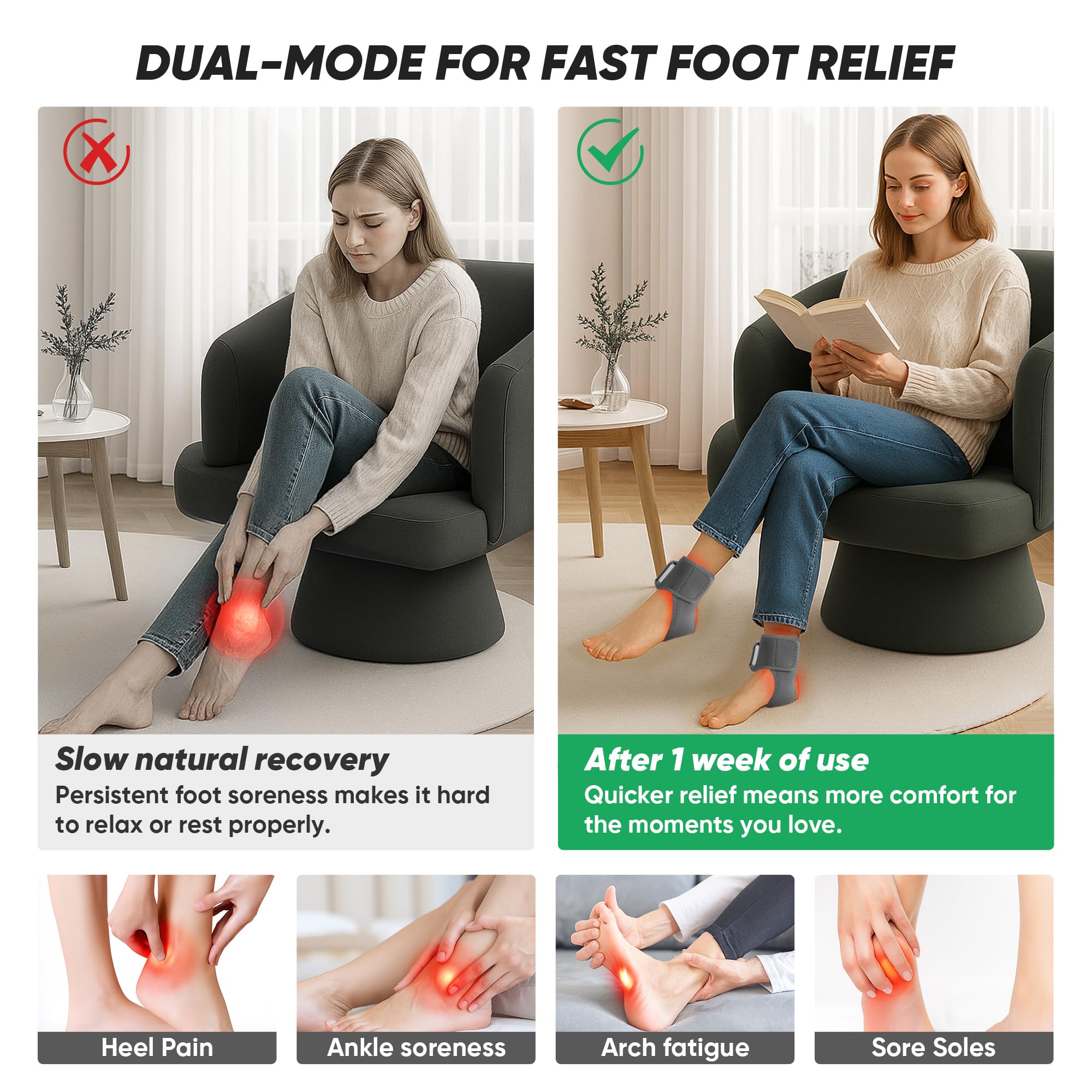 Inknows cordless massager wrapped around ankle demonstrates adjustable fit for all sizes.