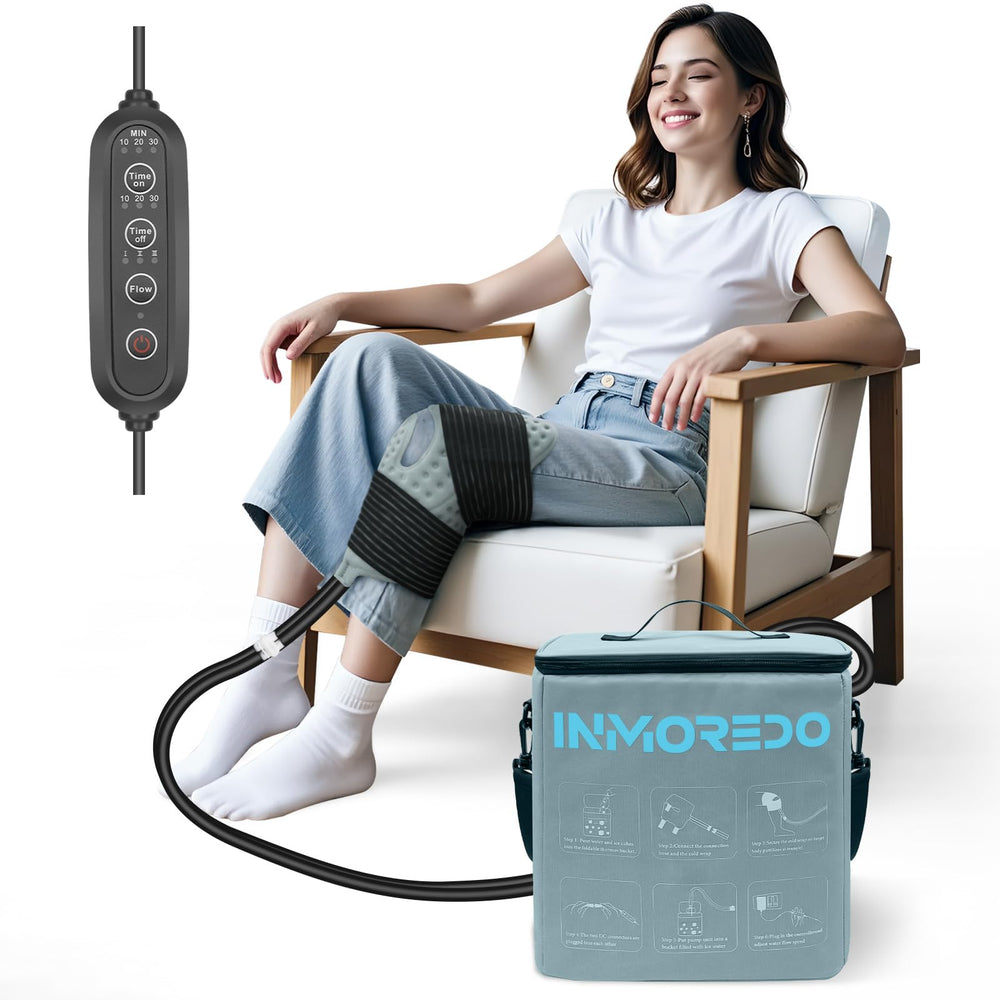 Inmoredo cold therapy knee pump with adjustable wrap for post-surgery comfort and swelling management.