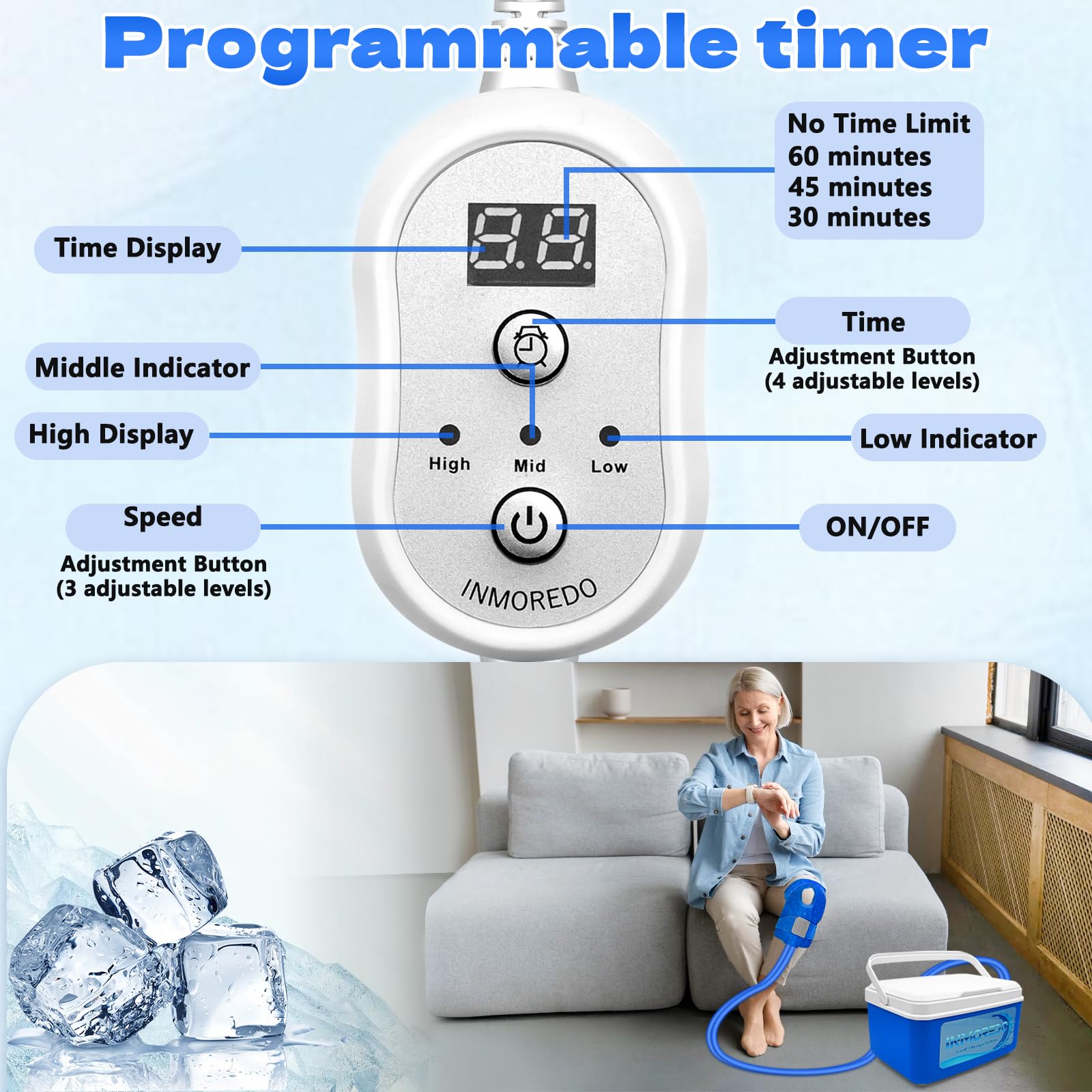 Inmoredo knee ice therapy timer dial showing adjustable session lengths for recovery