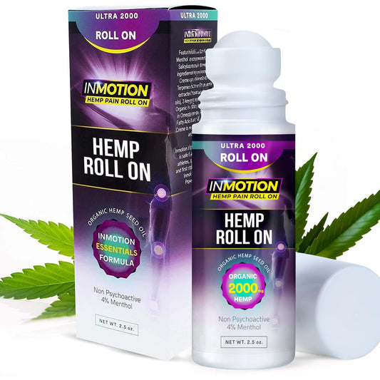 InMotion Hemp Roll On bottle application shows fast relief for targeted pain.