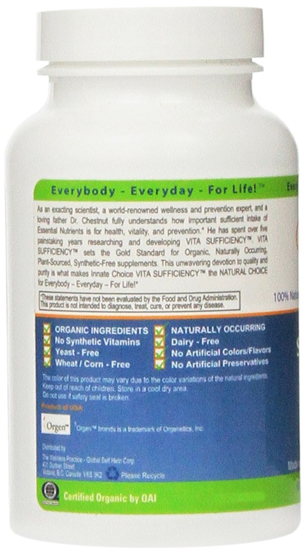 Innate Choice Vita Sufficiency bottle back shows gluten-free and yeast-free formula