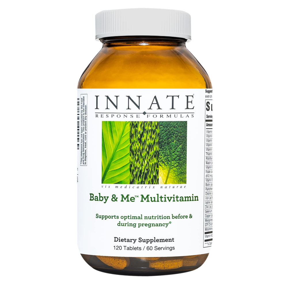 Innate Response Baby & Me multivitamin bottle supports prenatal nutrition on the go.