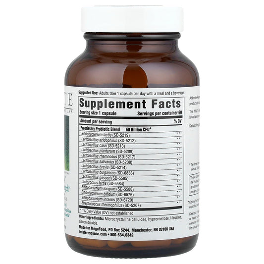 Close-up of Flora 50-14 capsules showing uniform size for easy daily dosing