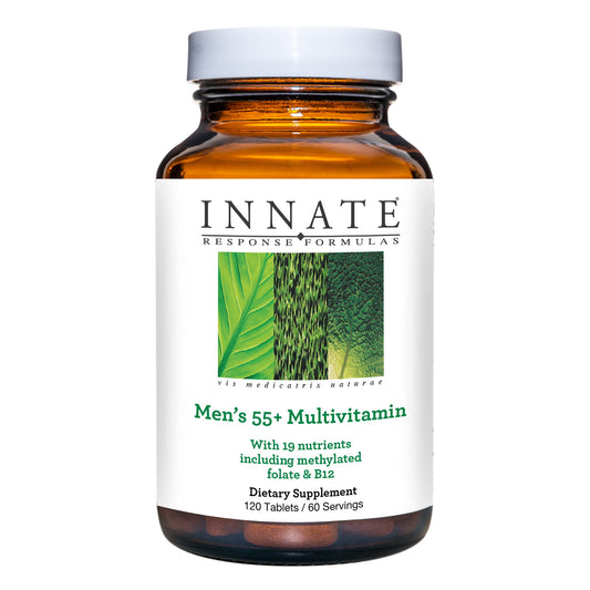 Innate Response Formulas Men's 55+ Multivitamin bottle, two daily tablets for energy support and immune function.