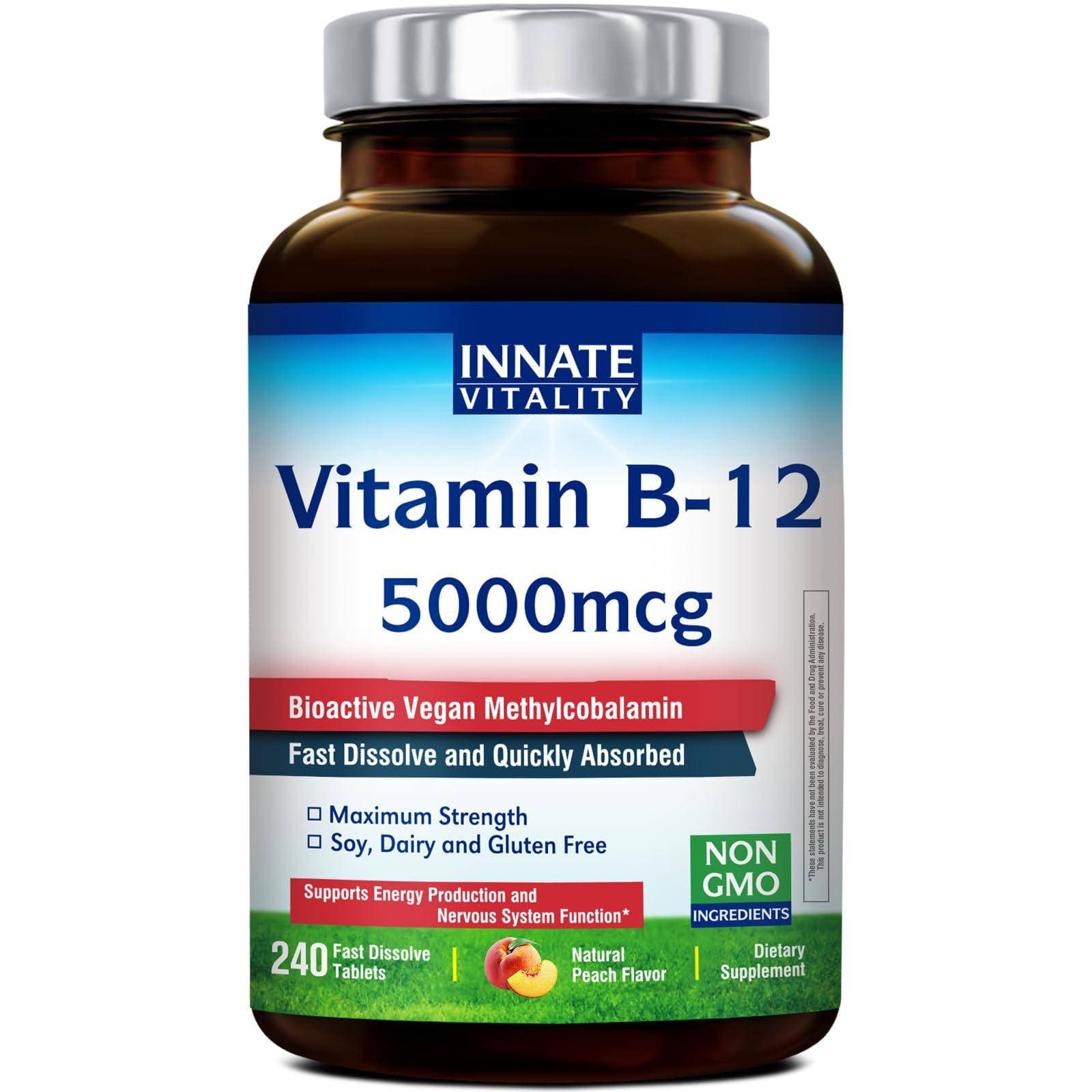 Innate Vitality B12 5000mcg tablet on tongue for fast absorption and energy