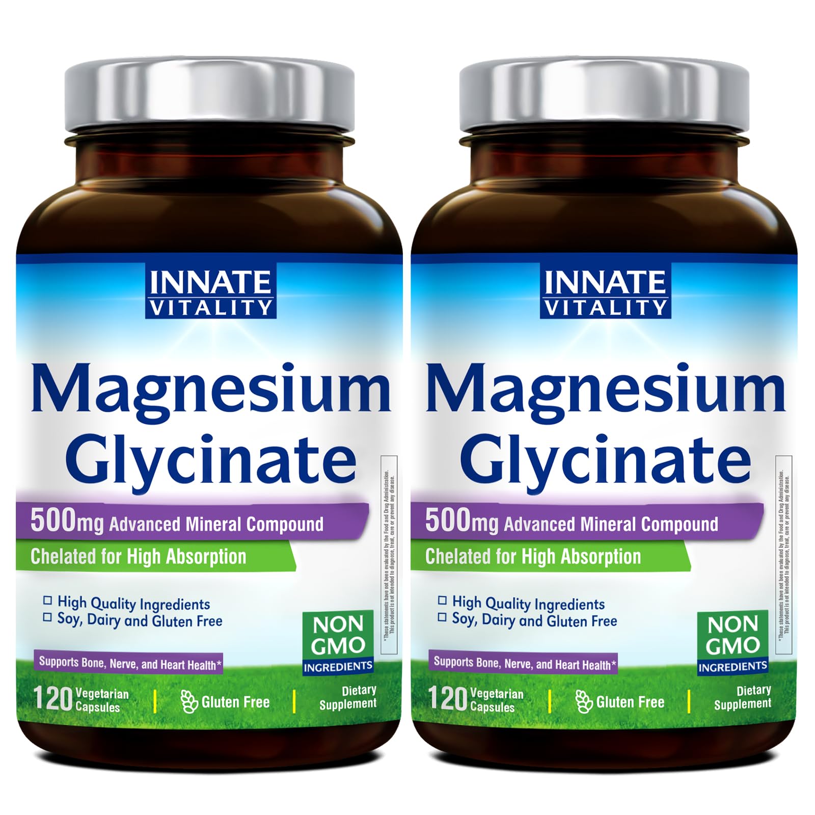 Innate Vitality Magnesium Glycinate 500mg bottle front view showing label and branding for high-absorption support