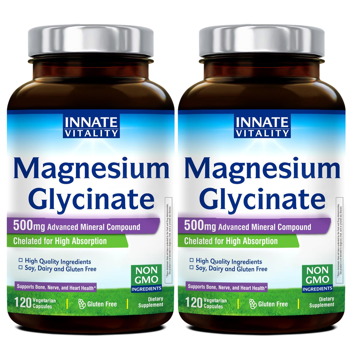 Innate Vitality Magnesium Glycinate 500mg bottle front view showing label and branding for high-absorption support