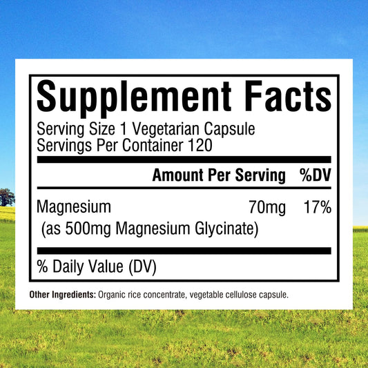 Innate Vitality Magnesium Glycinate 500mg bottle side view highlighting packaging and ingredients